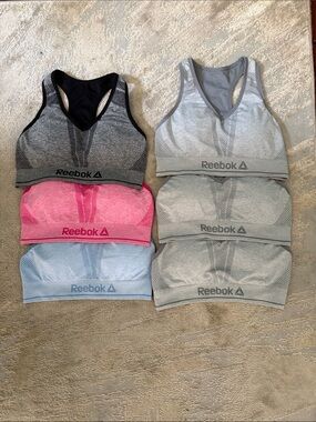 6 Reebok Racerback Sports Bras - 3 Gray, 1 Pink, 1 Blue, 1 Black